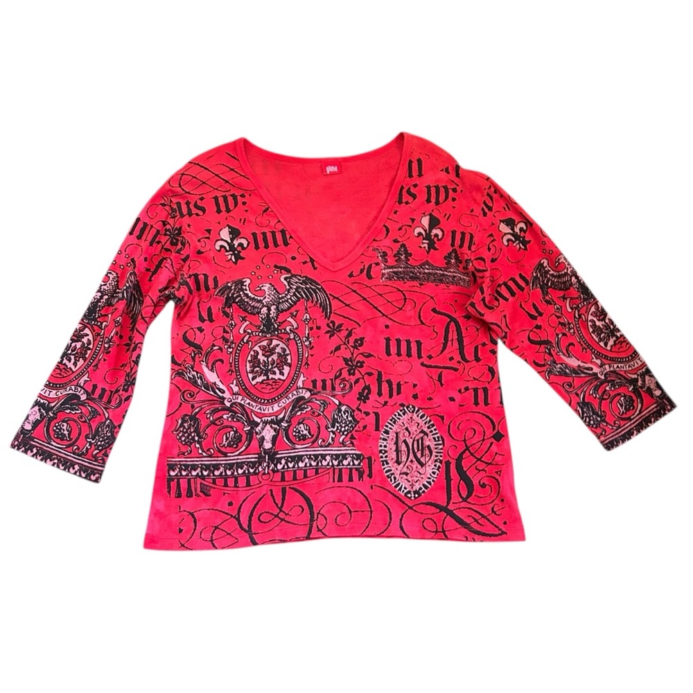 Vintage Glima Red Crest Graphic Top 3/4 Sleeve V-Neck 100% Cotton Made in USA XL